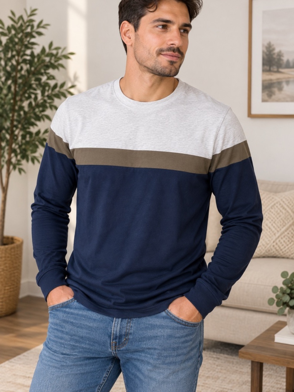 Old Navy Men's Colorblock Long Sleeve Crewneck - Navy, Gray & Olive